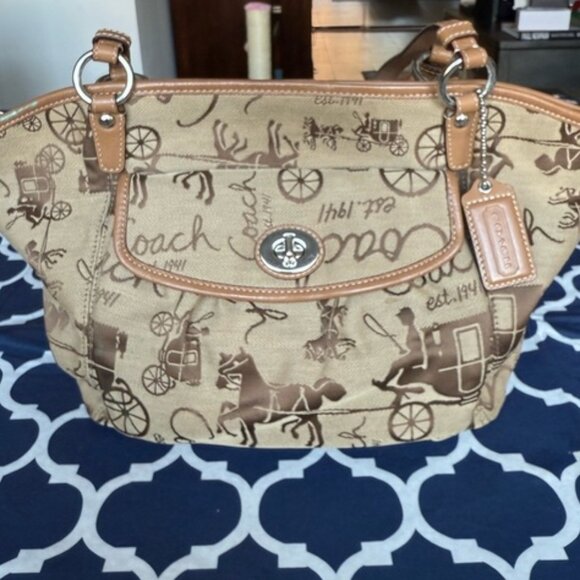 Vintage COACH Heritage Leah Horse & Carriage Canvas Tote Satchel - Y2K Logo Bag - Picture 1 of 12